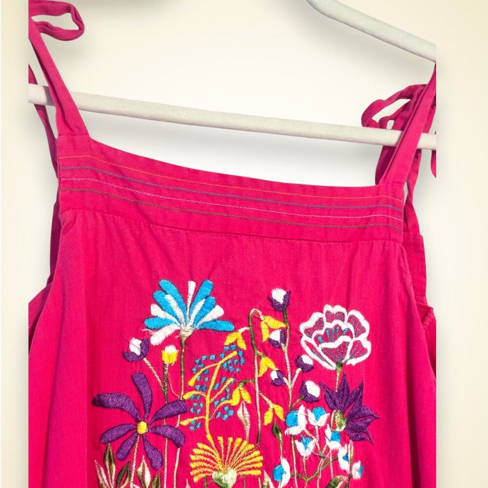 Vintage Mexican Embroidered Cotton Sundress Pink Floral Size Large Pockets - Picture 5 of 9